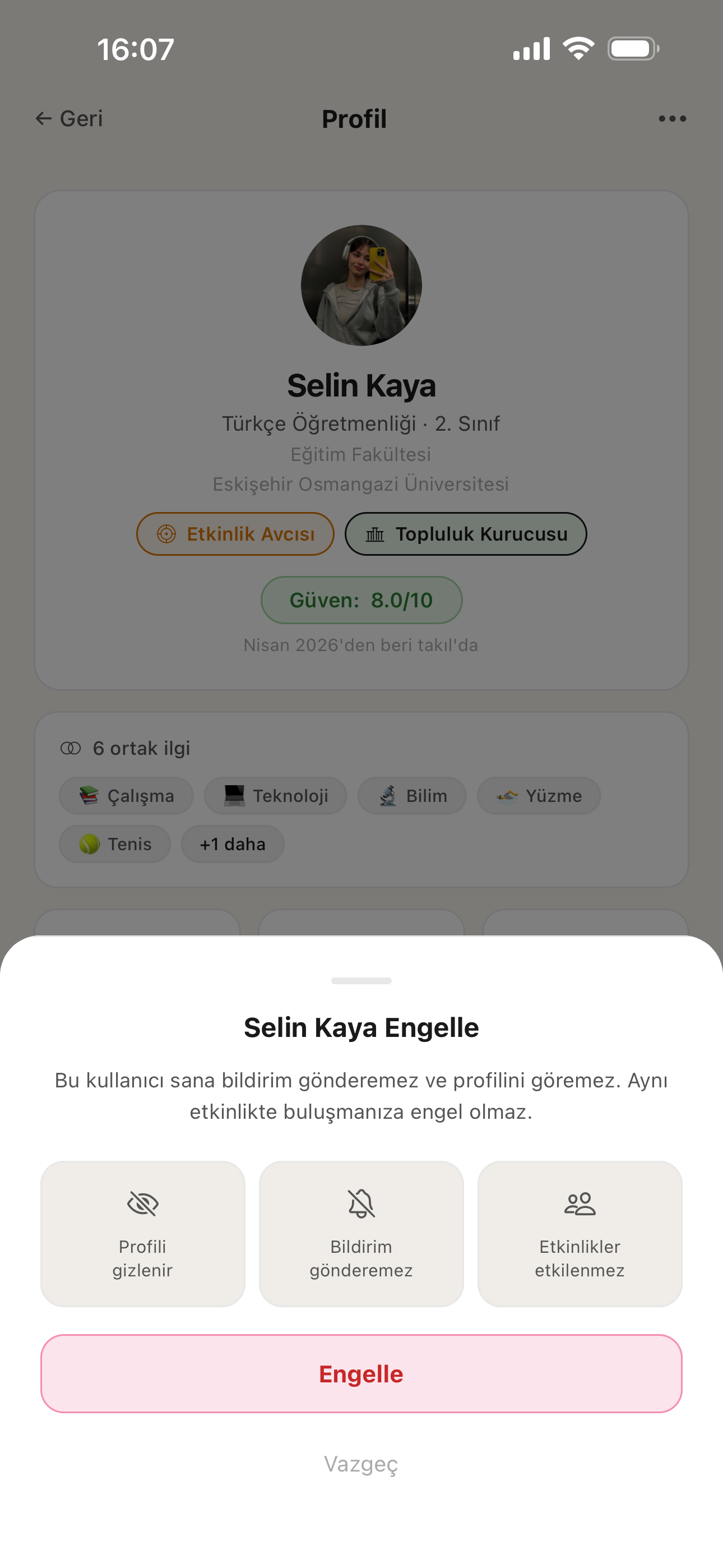 takıl OGÜ etkinlik uygulaması — güven, gizlilik ve engelleme ekranı