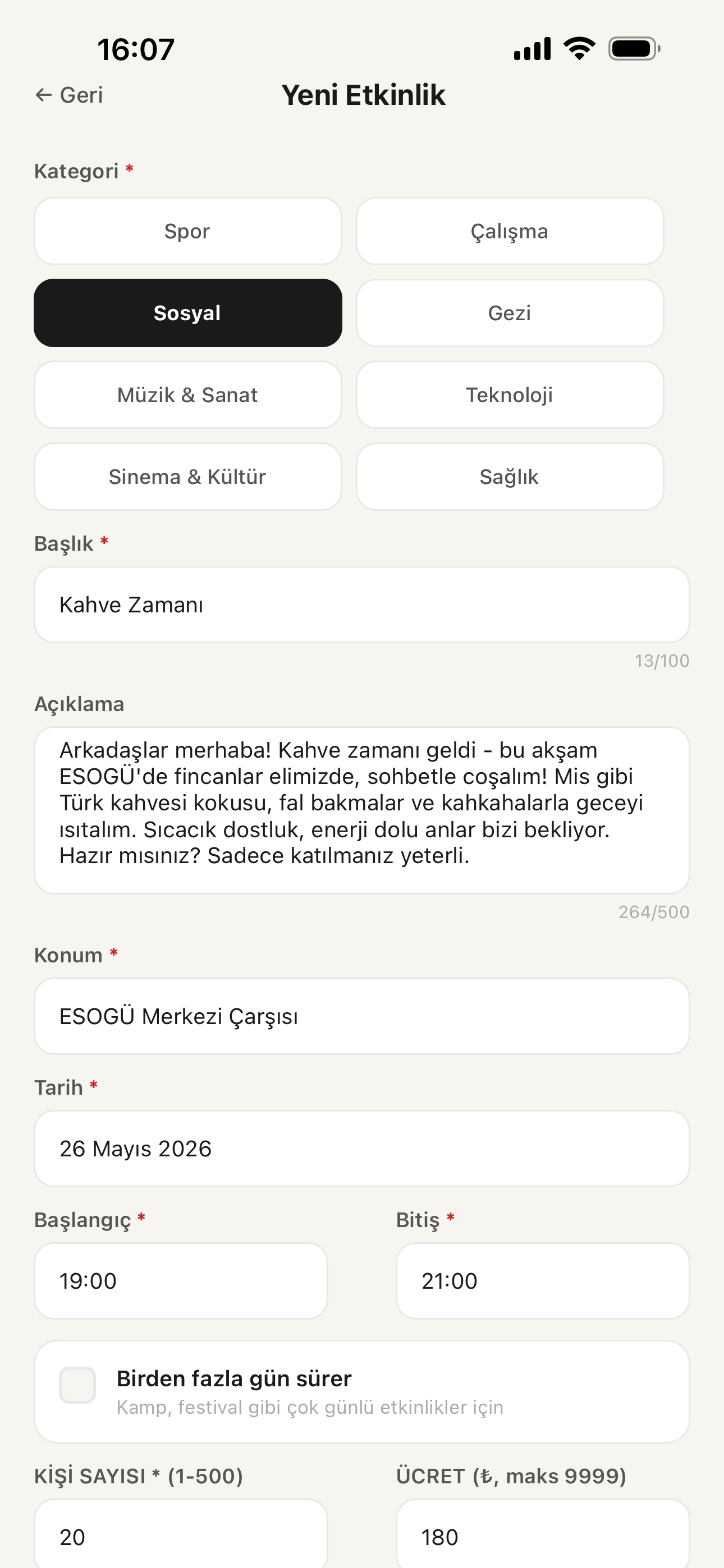 takıl OGÜ etkinlik uygulaması — etkinlik oluşturma ekranı
