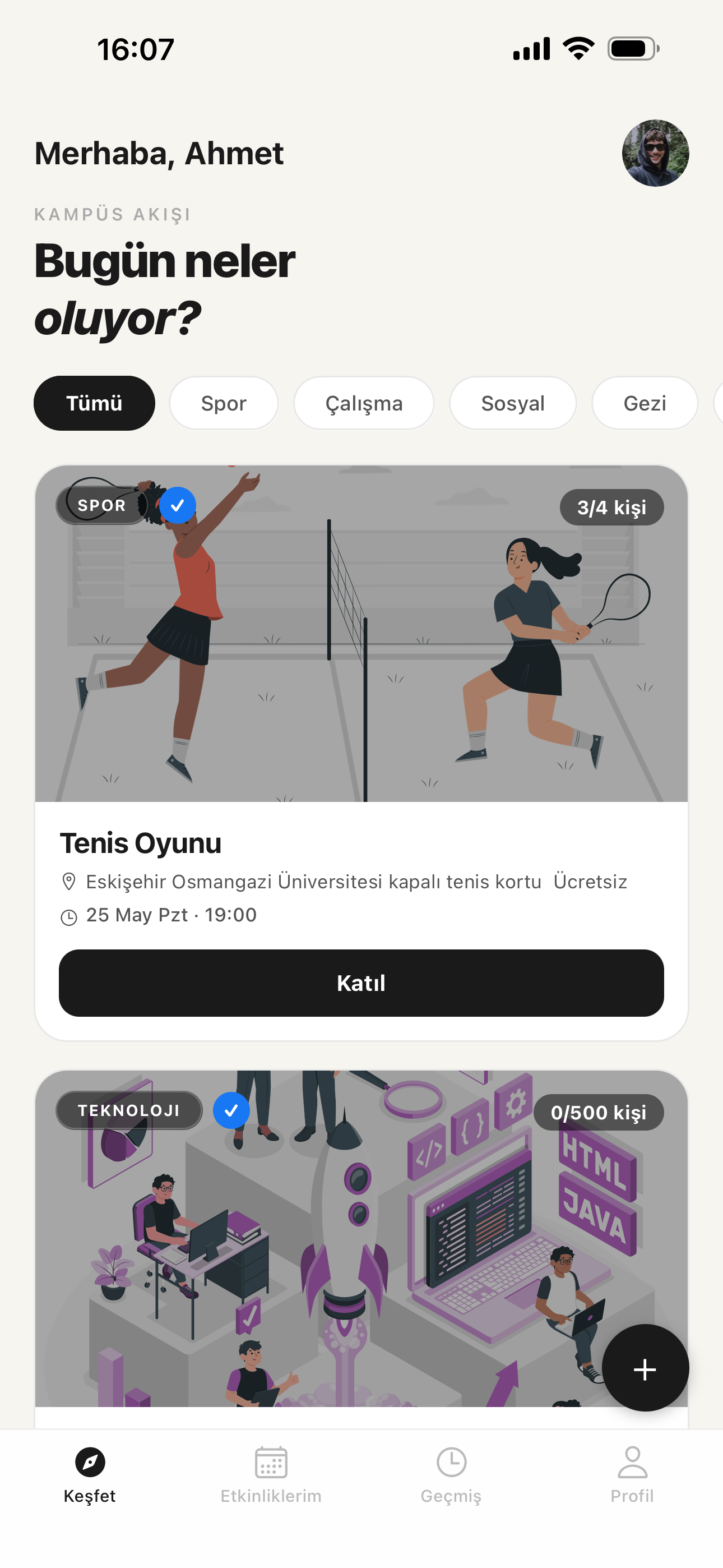 takıl OGÜ etkinlik uygulaması ekranı — etkinlik listesi ve katılım sistemi